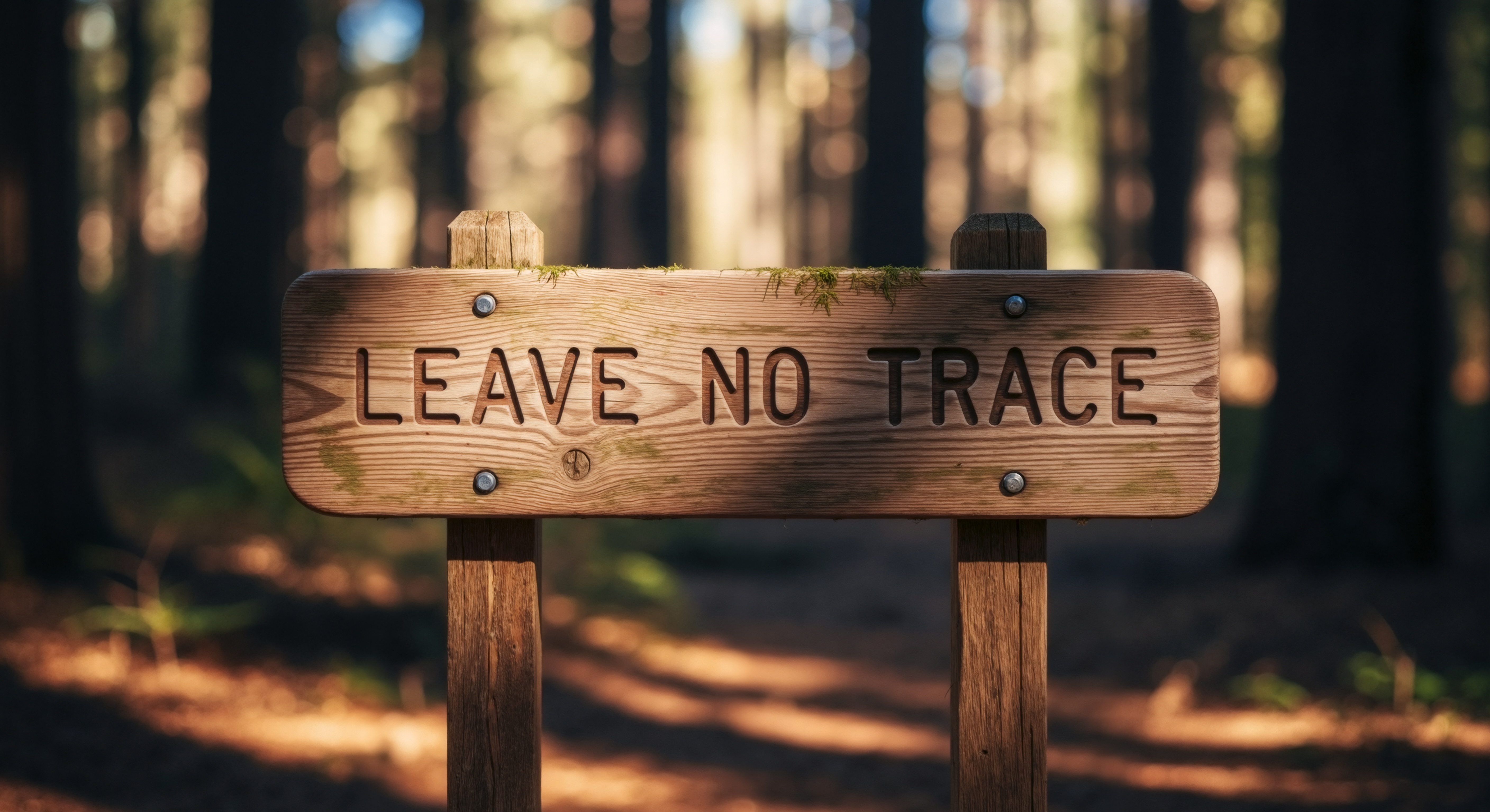 A close-up, eye-level shot of a wooden sign with the words 'LEAVE NO TRACE' carved into it. The sign is mounted on two posts and is set against a softly blurred forest background with dappled sunlight on the ground. The wood has a natural grain, and a small amount of moss is visible on top. The shallow depth of field focuses attention on the sign and its environmental message. This image represents concepts of conservation, outdoor ethics, sustainability, and responsible recreation in nature.